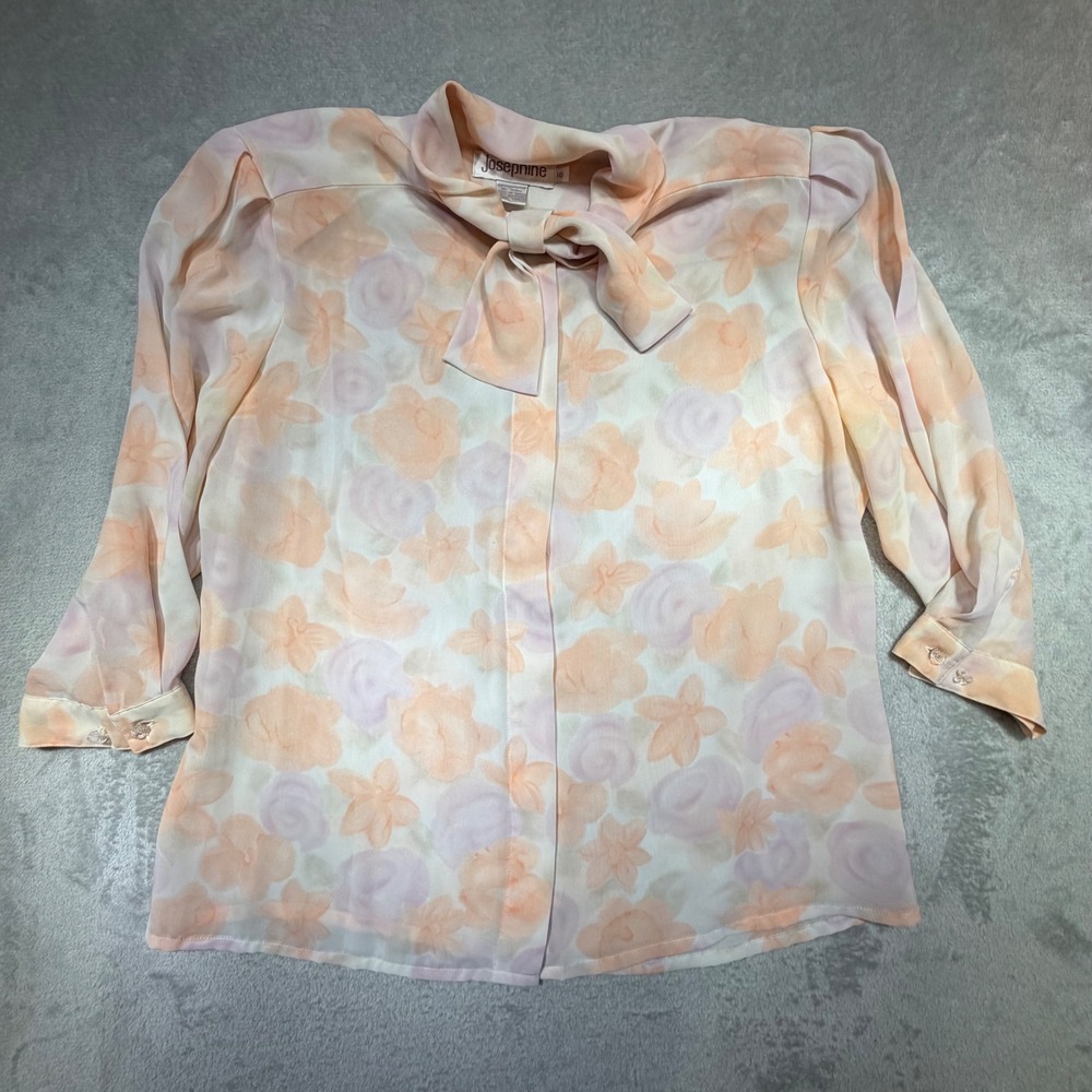 Vintage Josephine 80s Pastel Floral‎ Bow Blouse Size 16 Peach Lavender Sheer